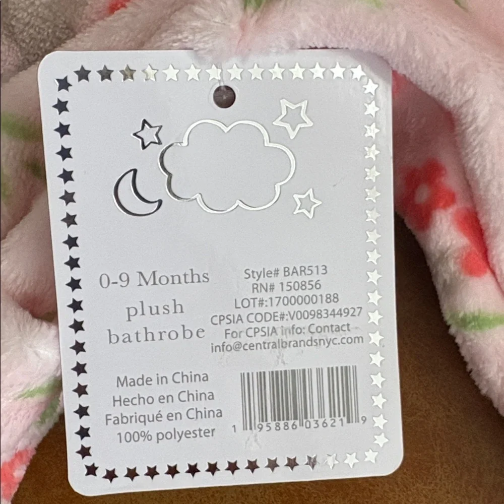 New! Baby Elements Plush Pink Floral Kids Bath Robe - Sloths - Size 0 - 9 months